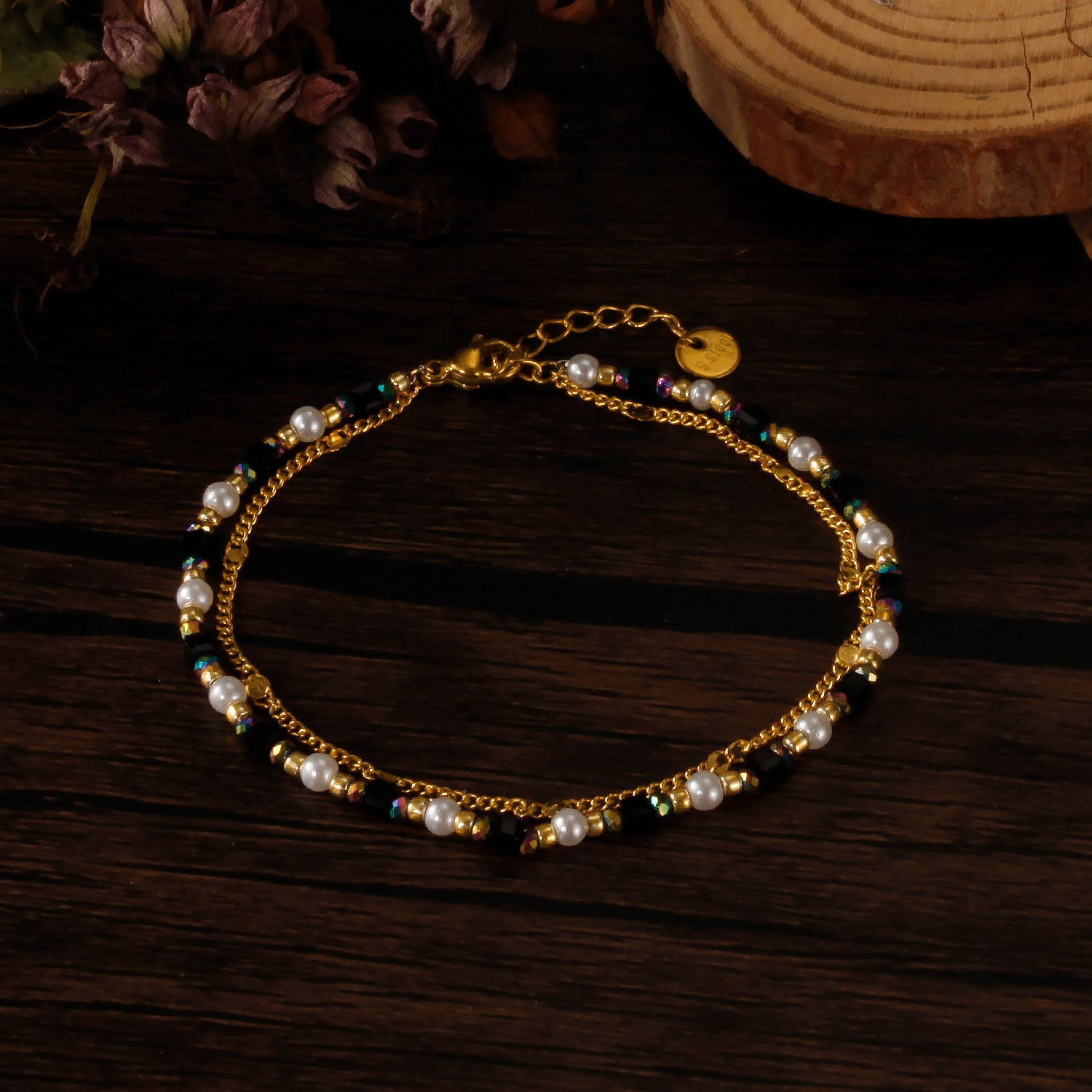 Wholesale Natural Stone Rubber Beads Stainless Steel Double Layer Stacking Bracelets